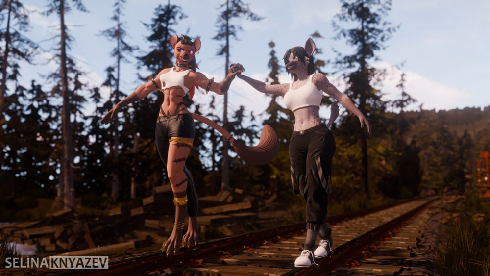 two anthro hyenas are walking on train tracks, using each other as support. The day looks warm and cozy