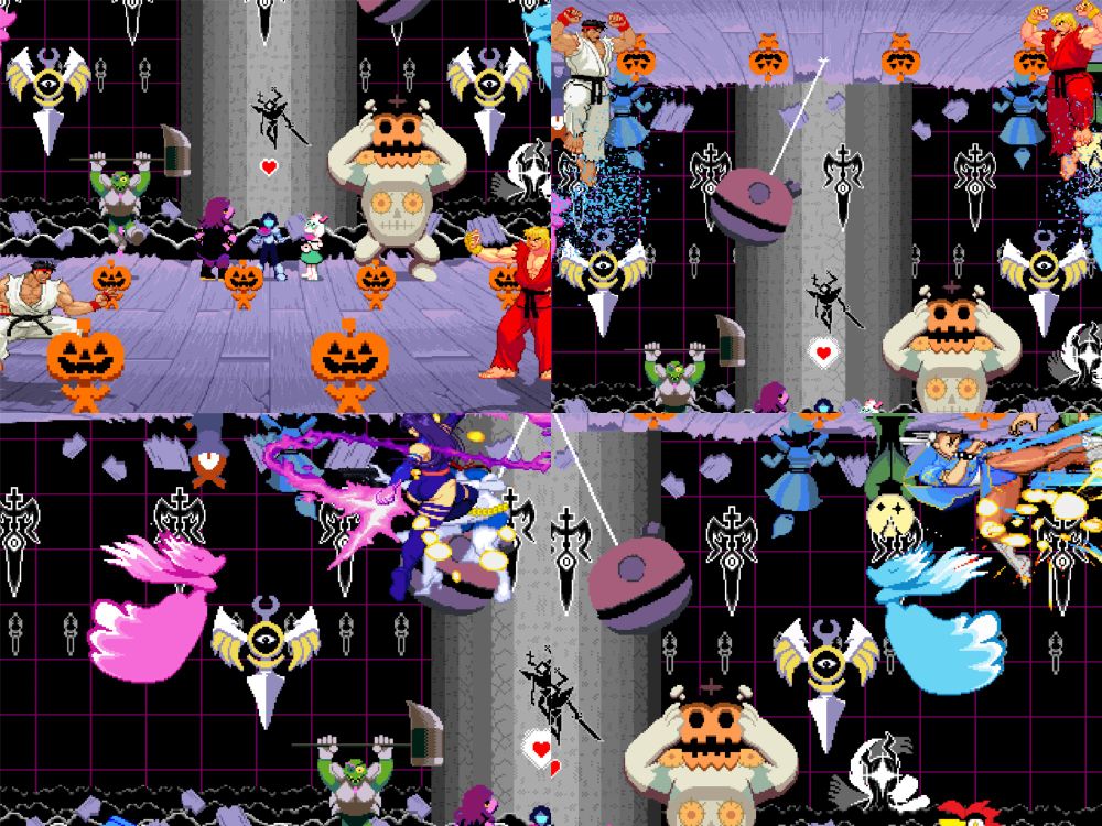 The stage is designed to resemble a boss fight from Deltarune Chapter 4. Several characters from the game are featured in the background with various Street Fighter and X-Men characters in the foreground.
