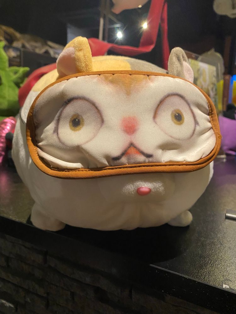 A fatcat from ffxiv with an eye mask over its eyes - the mask has its eyes printed on the front 