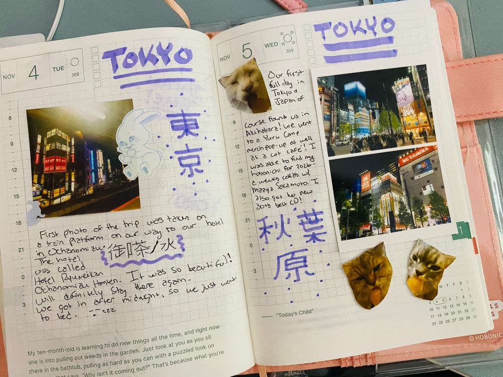 An open page in a Hobonichi journal with images and writing about Tokyo 