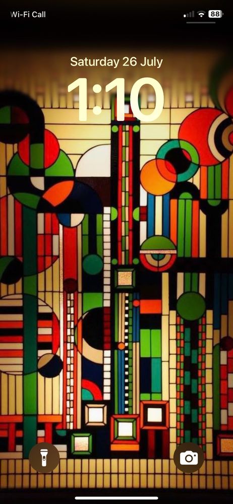 Frank Lloyd Wright Stained Glass Windows - an abstract picture featuring cubist style squares, rectangles, arches and circles in green, red, white, black and orange.