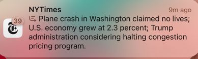 An AI summary of multiple New York Times notifications. The summary falsely states “Plane crash in Washington claimed no lives” 