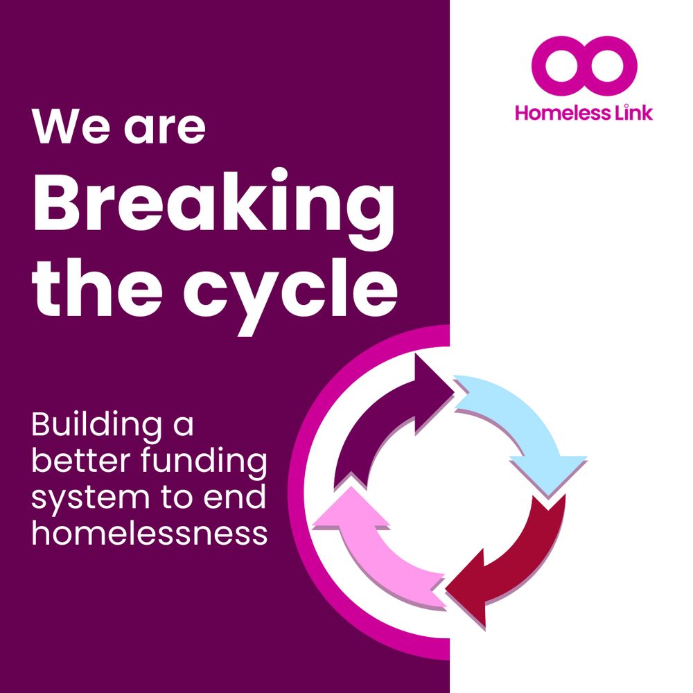 Text reads We are breaking the cycle with a graphic of four arrows in a circle. Homeless Link logo at top. Text at bottom read Building a better funding system to end homelessness