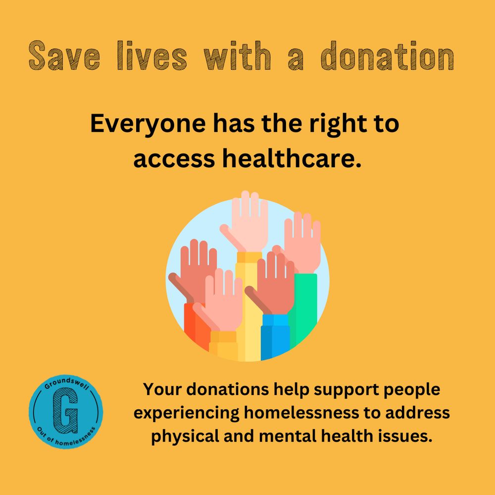 Title reads Save lines with a donation. Text below reads Everyone has the right to access healthcare. Graphic of different hands in the air. Bottom text reads Your donations help support people experiencing homelessness to address physical and mental health issues. Groundswell logo at bottom.