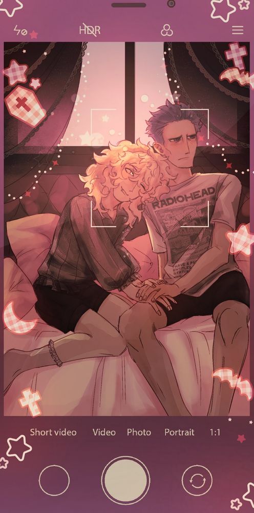 art of my yumeship, salem, my OC and cyrus from pokémon

salem is a pale young man with long fluffy curly hair 
cyrus is a young man with short blue hair

they're both sitting atop a comfortable looking bed holding hands, salem is leaning on cyrus' shoulder while cyrus appears to be a bit bashful

a phone UI serves as a sort of makeshift frame for the drawing