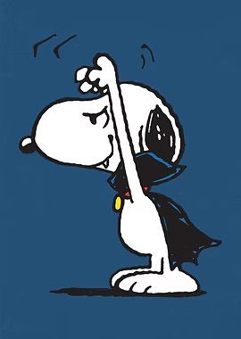 Pictured is snoopy holding his arms up in a spooky way with vampire teeth and a lil black cape. 
