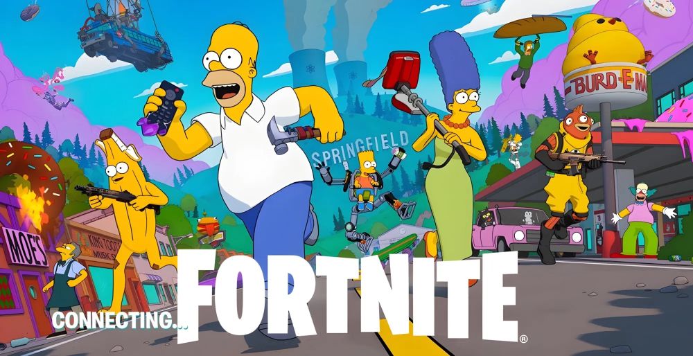 Pictured is the opening screen theme for Fortnite featuring the cast and environment of the Simpsons and Springfield. 