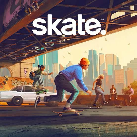 Pictured is the opening cover for the game Skate with several different people skating. 