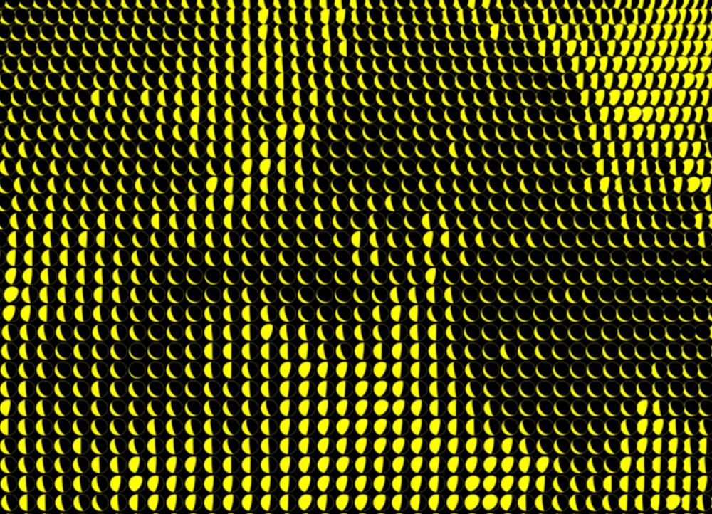 Zoomed in portion of the previous image showing the individual yellow moon symbols in more detail revealing that the lightness of each is determined by the moon phase. Darker symbols appear as thin moon crescents, lighter symbols as 'full' moons.