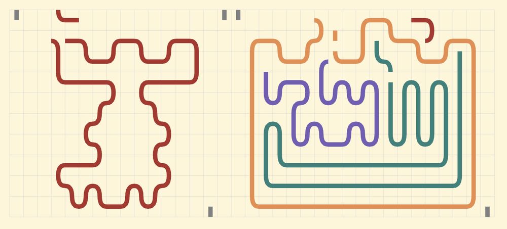A Rivulet program in the form of coloured lines meandering over a yellow background with faint grey gridlines. The red line on the left traces a vaguely stag-like image with three-tined 'antlers'. On the right are orange, green and blue lines tracing a vaguely castle or maze-like structure with crenellations on the top edge.

The program calculates the factorial of some input value, which in this case is 7! =5,040.

The Rivulet source is

 1 ╵╰─                                    ╵╵╰──╮
 2                              ╮       ╮   ╭ ─╯╷
 3                             ╮╷     ─╮│   │╭──╯
 5                             │╭ ╭╶╵╰─╯│   │╷
 7            ─╮      ╭─       ││ │ ╰───╯   │╰──│
11      ╭─     │      │     ╭─ │╰─╯     ╭   ╰───╯╷
13      │      │    ╭─│     │╭─│     ╭─╮│
17      │   ╭──╯╭───╯ │╭────╯│ │     │ ││
19      │╭──╯ ╭─╯╭────╯│     │ ╰───╮ │ ││
23  ╰───╯╯    ╯  ╯    ╮╯ ╰───╯╮  ─╮╷ │╴╯│
29                    ╰───    ╰───╯ ╭╯ ─╯
31                             ╭   ╭╯
37                             │ ╭─╯
41                             ╰─╯
43                                      ╷