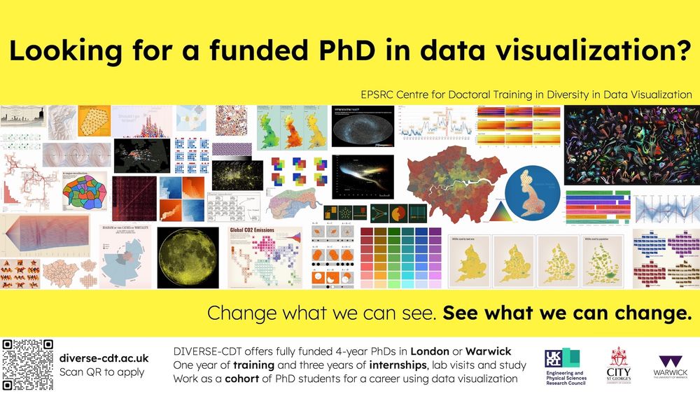 Yellow banner across the top with black text reading "Looking for a funded PhD in data visualization?" and smaller text reading "EPSRC Centre of Doctoral Training in Diversity in Data Visualization". Below this is a mosaic of around 100 different data visualizations in many colours and styles. Bellow that is another yellow banner with black text reading "Change what we can see. See what we can change". At the bottom is a QR code and associated URL pointing to https://diverse-cdt.ac.uk and the text 'Scan QR to apply'. To its right are three lines of text reading "DIVERSE-CDT offers fully funded 4-year PhDs in London or Warwick. One year of training and three years of internships, lab busts and study. Work as a cohort of PhD students for a career using data visualization". In the bottom right corner are three logos representing UKRI EPSRC, City St George's University of London, and Warwick University.