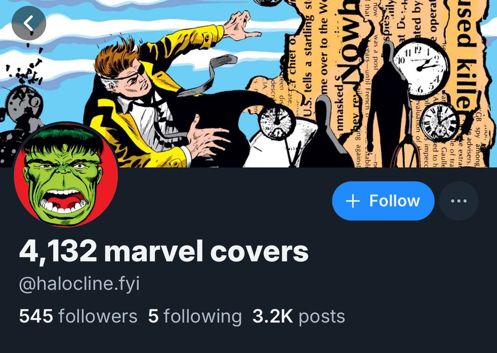 A screenshot of the Bluesky profile for @halocline.fyi, an account posting vintage Marvel Comics cover art. 