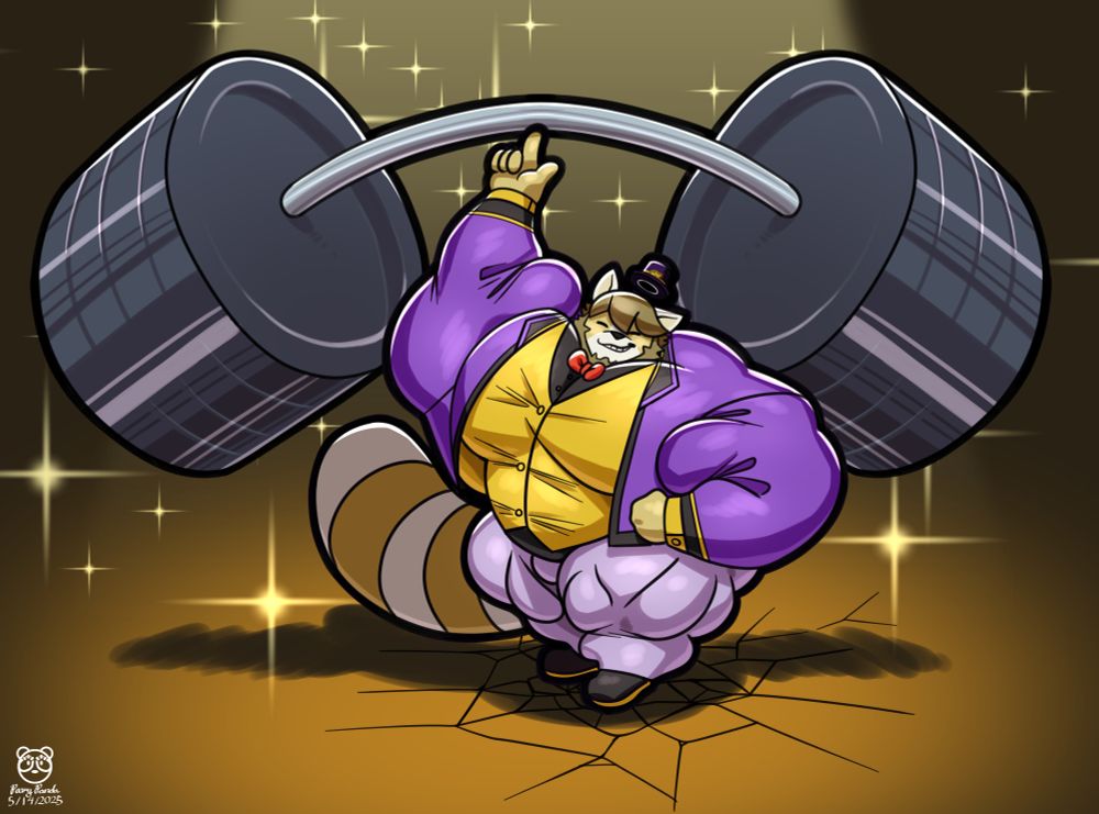 A short tanuki in a purple and gold suit lifts an oversized barbell with one finger. How is Kentaro doing that?