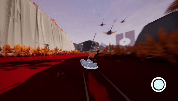 Personnage sur une planche à voile évoluant dans un canyon rouge, survolé par des raies volantes.