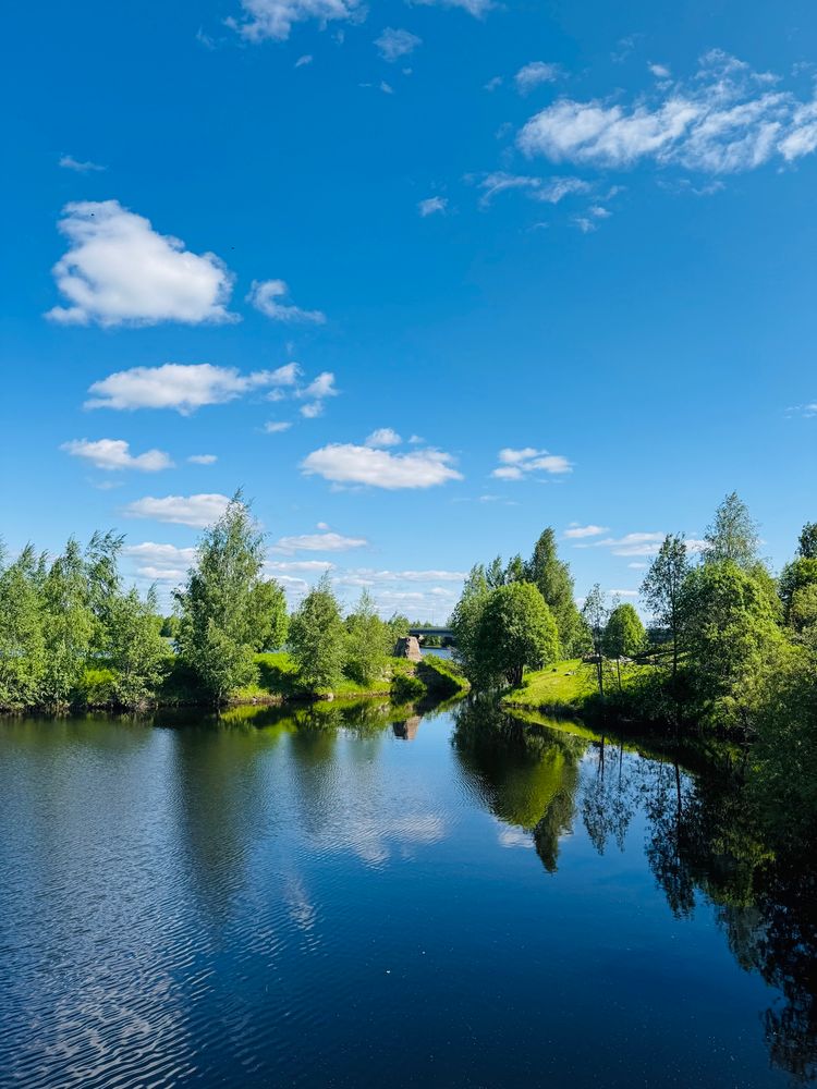 Photograph of a reflective lake, lush green gardens and bright blue sky dotted with clouds