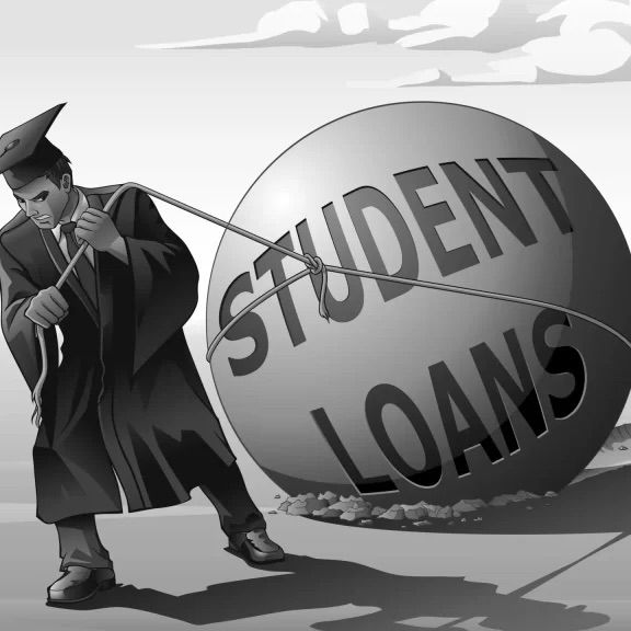A grayscale 3D rendering of a man in a graduation gown struggling to pull a massive boulder (reading STUDENT LOANS) with a rope over his shoulder