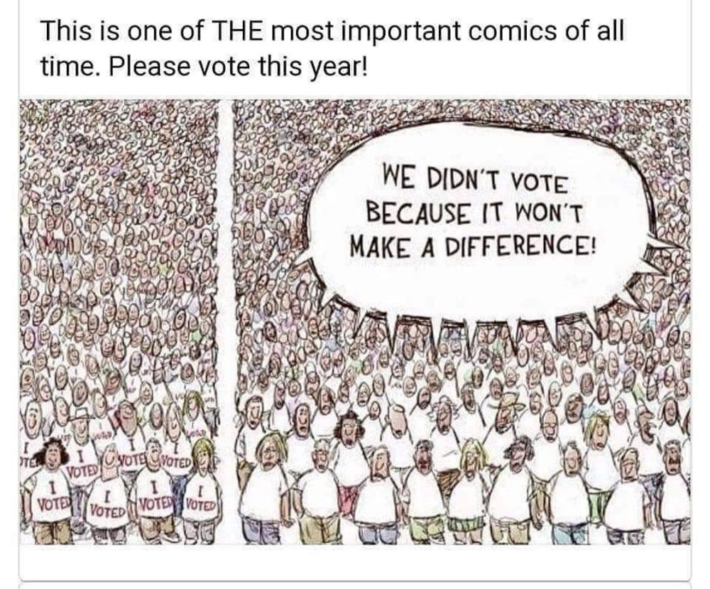 A picture of a large crowd of people.  The smaller crowd on the left have 'I voted' tshirts. The much larger crowd on the right are all saying 'We didn't vote because it won't make a difference'
