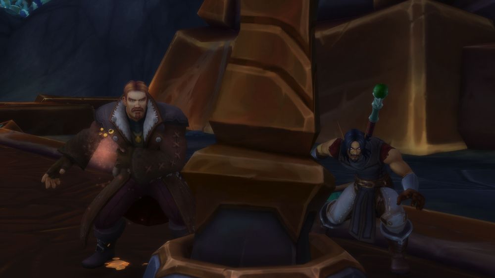 My elf and Flynn Fairwind, behind a weird lamp post in Azj-Kahet,
 observing the field so they can cause some chaos.