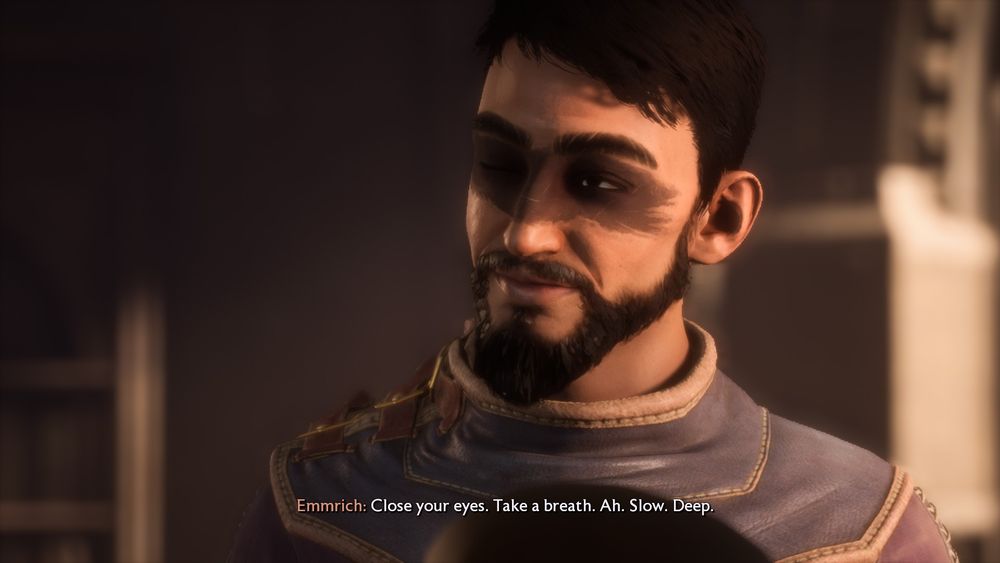A fun moment at the start of the romance between Marcus and Emmrich, where Marcus has one of his eyes closed and the other slightly open in a fun dialogue that Emmrich was trying to show his abilities to Marcus, the little dialogue reads: "Close your eyes. Take a breath. Ah. Slow. Deep."