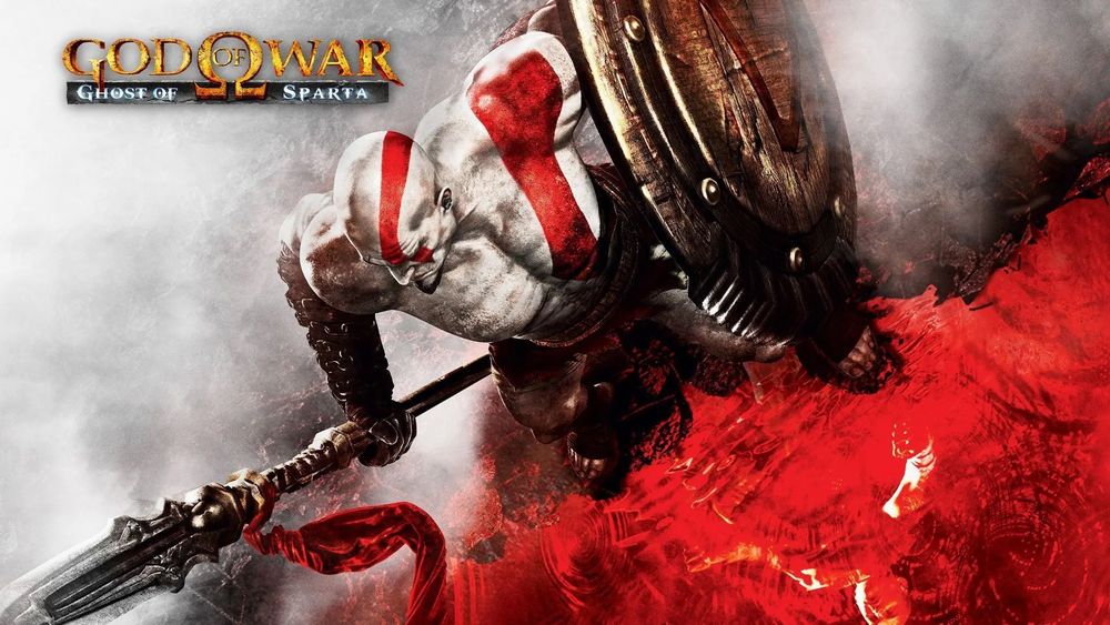 Cover art for God of War Ghost of Sparta
It’s an angled down view of Kratos. He’s holding a spear and shield and the floor is white and red, the same colours as his skin. 