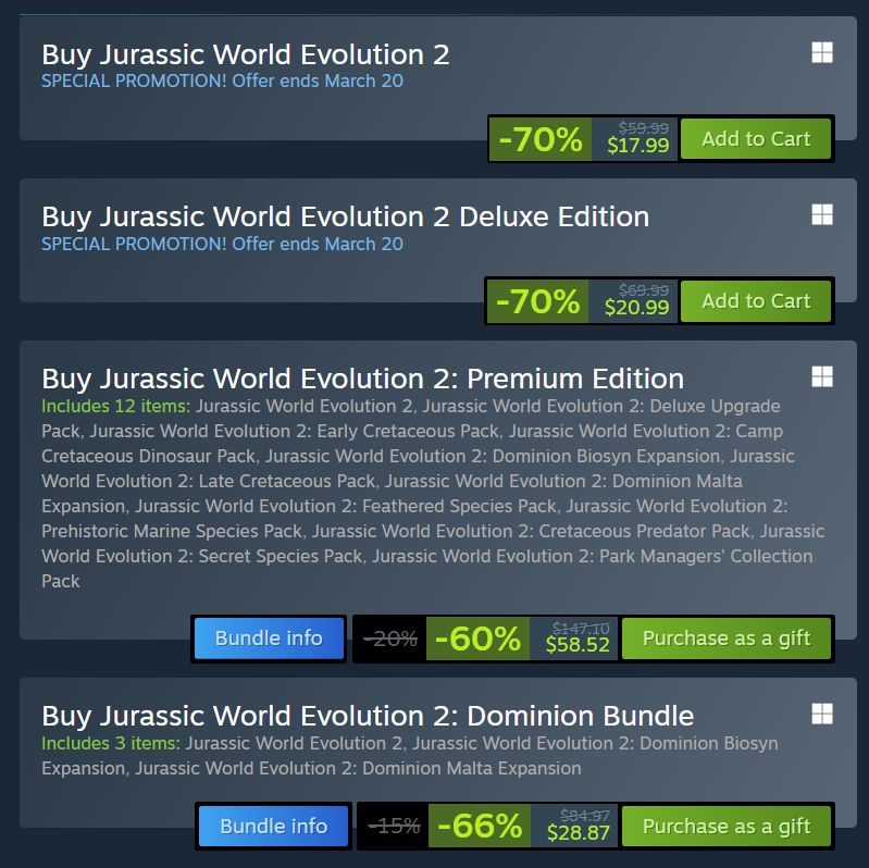 A Steam store page for Jurassic World Evolution 2. The prices are in USD.