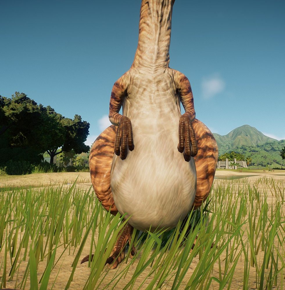An overfed Velociraptor with their head raised, mid-swallow. 