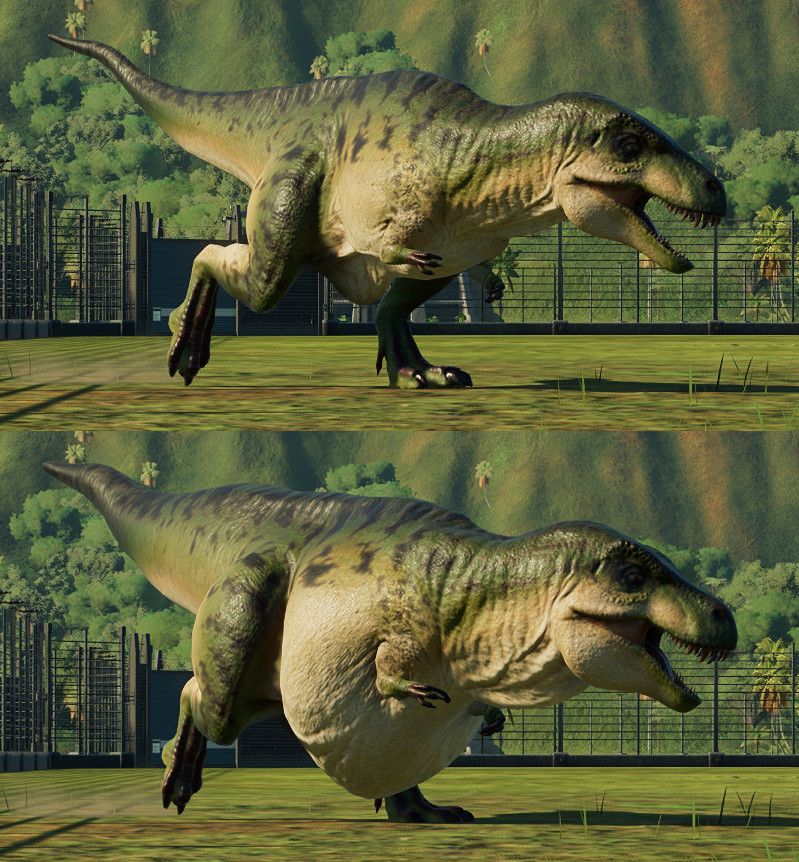 First panel: A green Acrocanthosaurus, a theropod dinosaur from Jurassic World Evolution 2, running to the right in a tropical enclosure.
Second panel: The same dinosaur, but much fatter, with a thicker neck, tail, and belly.

Keywords:
NSFW kink fetish fat fatfur scaly feral quad weight gain expansion chubby