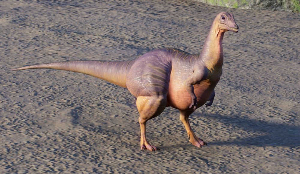 A rotund purple Compsognathus, standing in the sand.

Keywords:
NSFW kink fetish scaly dino dinosaur feral quad expansion fat ass cheeks haunches rump butt hips belly gut weight gain micro compy