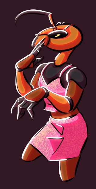 an anthropomorphic asian giant hornet with wings omitted for simplicity. he's wearing a cropped spaghetti strap v-neck pink glitter top with a matching pink glitter skirt. he's posing femininely