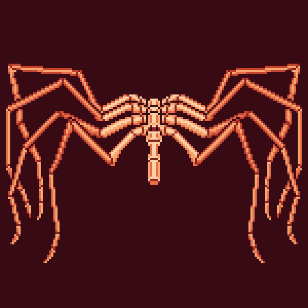 pixel art of a sea-spider from the front. it has a thin, stick-like body with 8 spindly legs. the palette is shades of brown, orange, and peach.