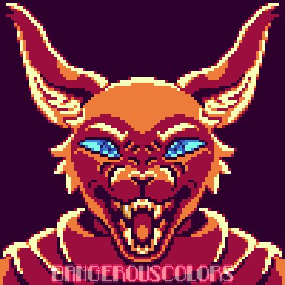 pixel art of an anthropomorphic cat character facing the viewer with a snarling expression. the palette is mostly red, orange, pale yellow, and maroon with the exception of bright blue eyes and a single golden fang.
