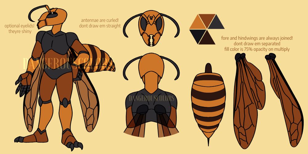 reference sheet for an anthropomorphic asian giant hornet character design. it features a fullbody view, a front-facing head shot, a shot of the back showing how the wings attach to his torso, a dorsal view of the abdomen, and dorsal views of the wings both folded and unfolded. additional text reads:
"optional eyelids! they're shiny, antennae are curled! don't draw them straight, fore and hindwings are always joined! don't draw them separated. fill color is 75% opacity on multiply."