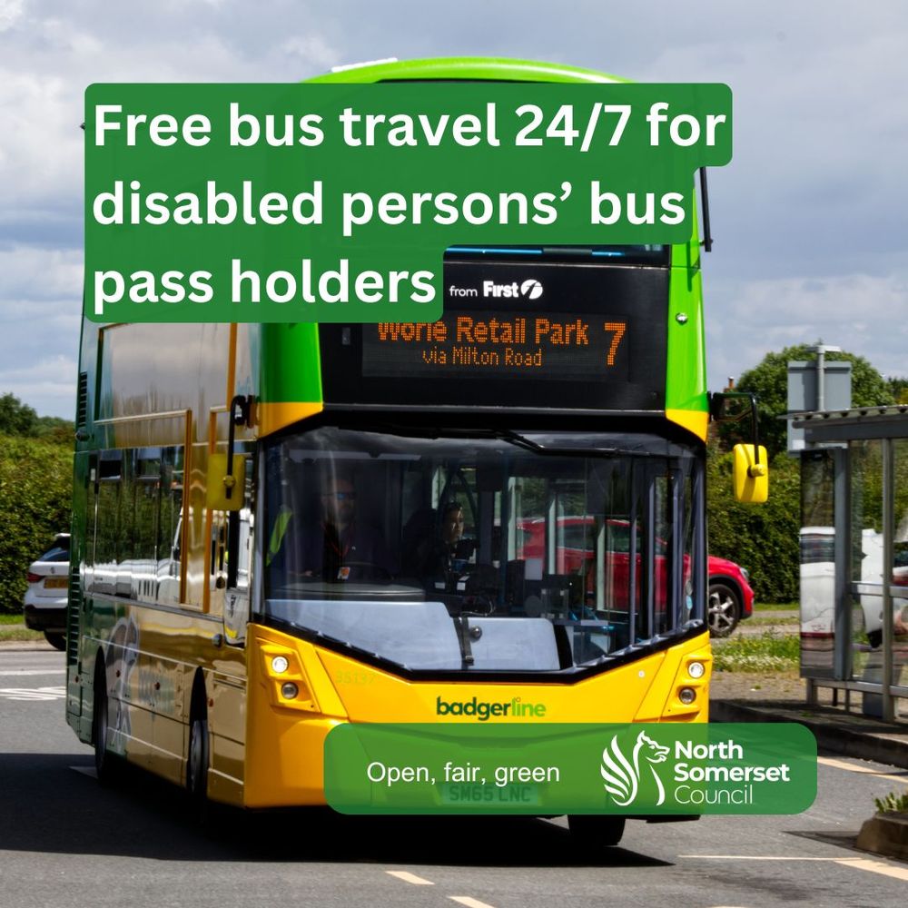 A yellow and green double decker bus. Text reads "free bus travel 24/7 for disabled persons' bus pass holders."