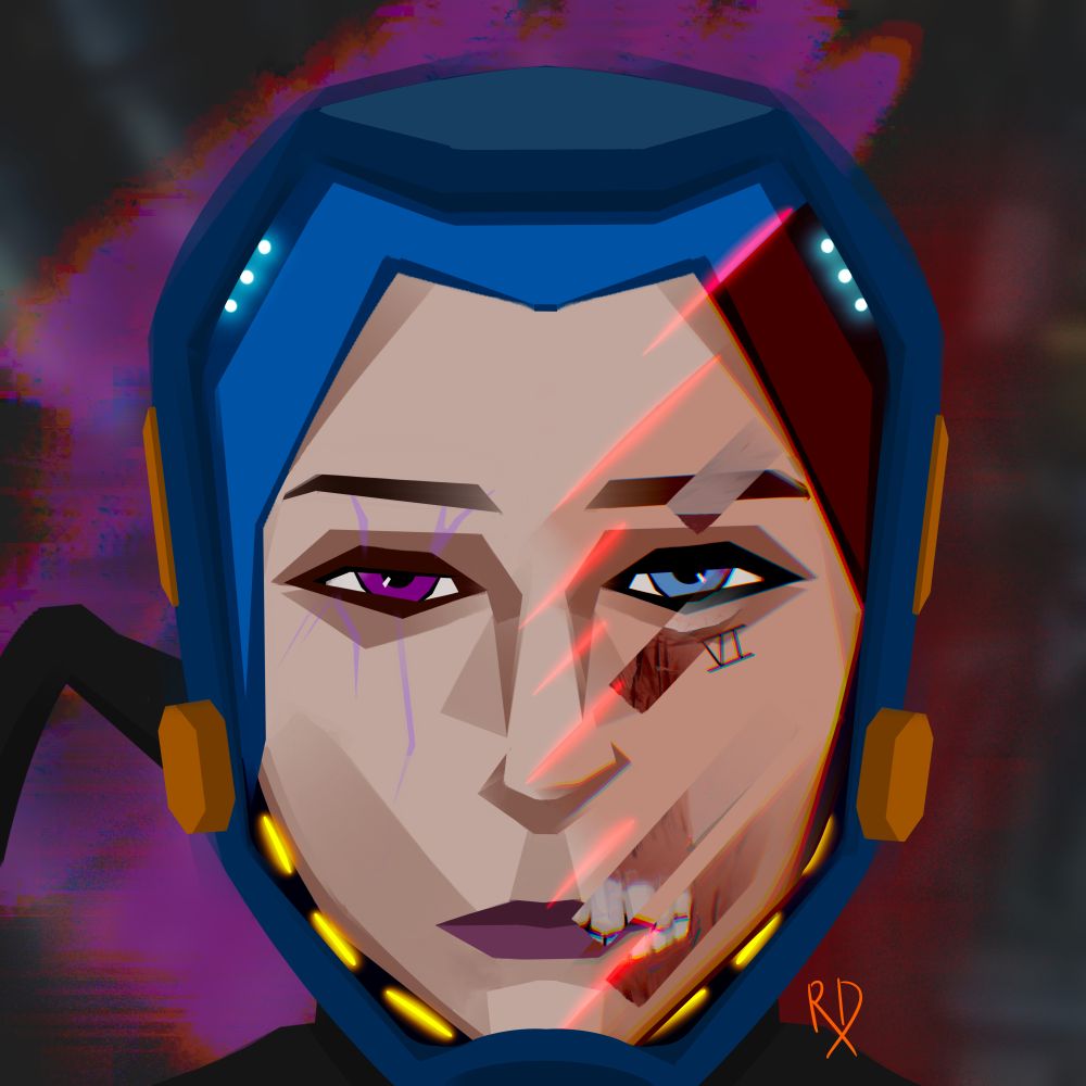 Image of Jinx's face mixed with Vi's in a Pacific Rim pilot's helmet with meat and skeleton behind Vi's face
