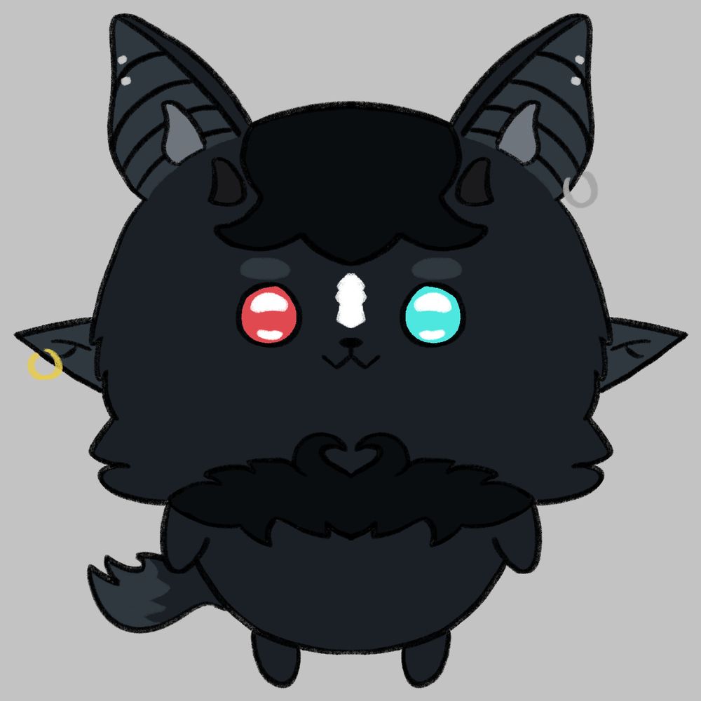 My cryptid sona as a Chiikawa creature. It is blueish black with light grey ears and tail. There’s black fur on its neck. On its face it has heterochromatic eyes that are red (right) and light blue (left). On its snoot is a patch of white fur. It has a set of bat ears on top of its head and pointed elf ears on its side of the head. It also has lil black horns. There’s silver earrings on its left bat ear and a gold hoop earring on its right elf ear.