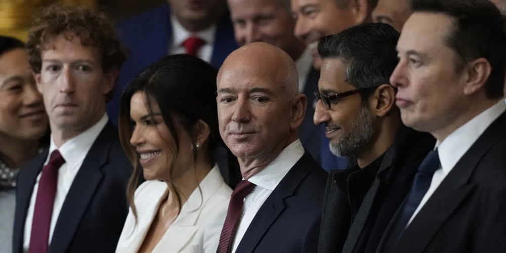 Mark Zuckerberg, Lauren Sanchez, Jeff Bezos, Sundar Pichai and Elon Musk at the inauguration of Donald Trump on Monday.