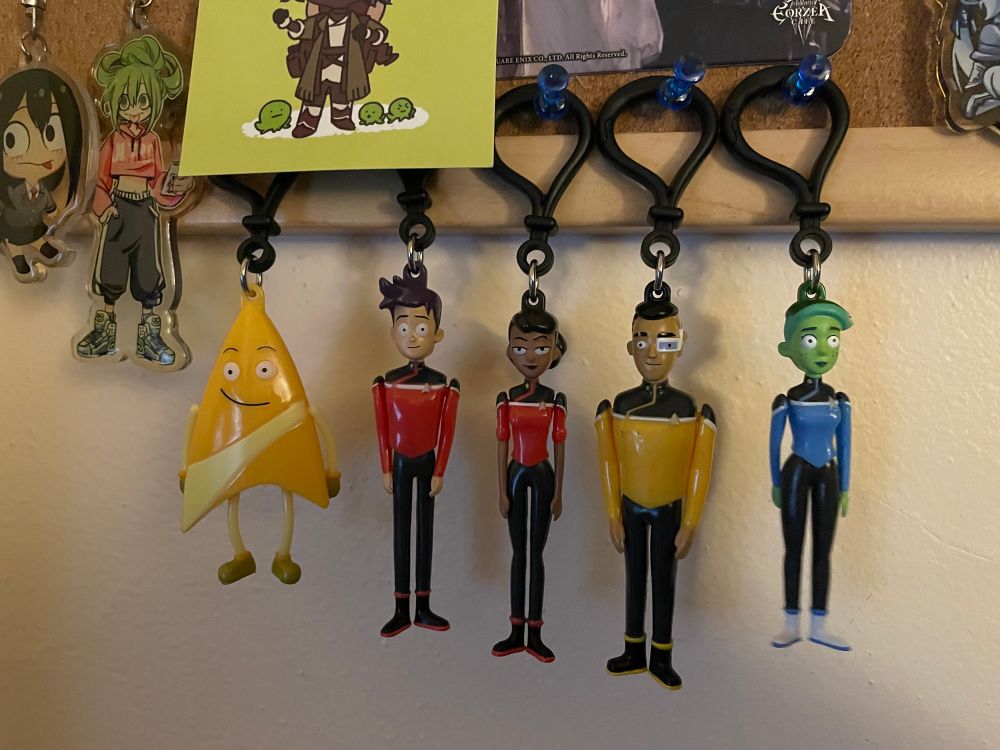 Goofy keychain clips of the main cast of star trek lower decks (and badgey)