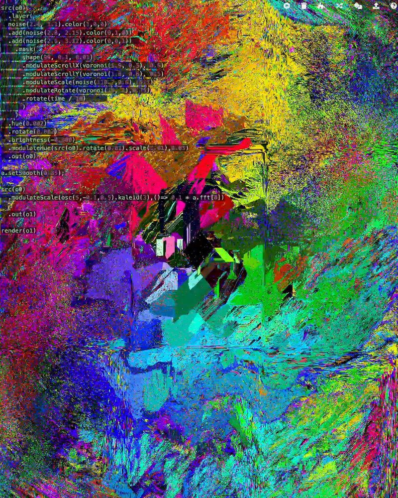 rainbow pixel chaos, with javascript code layered in at the top left