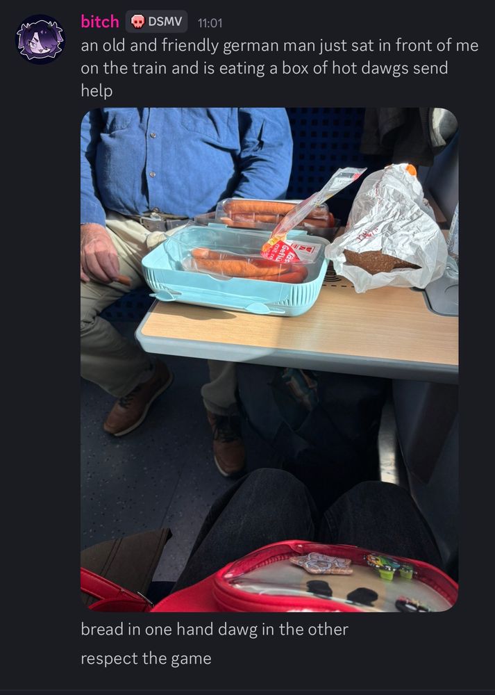 an old and friendly german man just sat in front of me on the train and is eating a box of hot dawgs send help

( photo of train table, showing a plastic box with 2 full plastic packages of kaufland hot dogs )

bread in one hand dawg in the other
respect the game