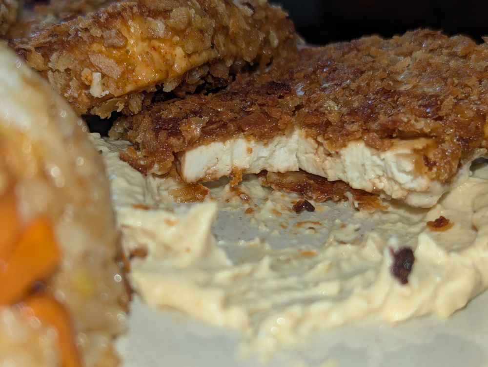 Tofu cutlet with a piece sliced off to see the inside.