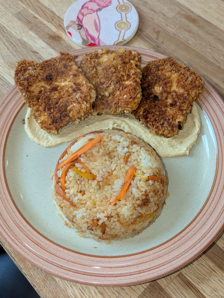3 tofu cutlets on a bed of homemade hummus with a dome of sticky rice with carrots and courgette inside.