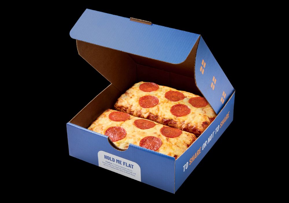 A box with two square slices of Greggs pepperoni pizza.