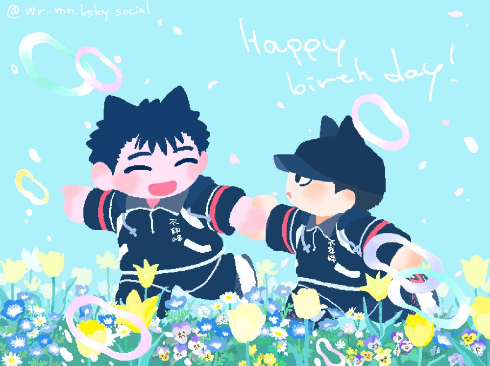 白、青、紫、黄色の花がたくさん咲いている野原をかけていく子猫の森くんと内村
森くんは何か楽しそうなものを見つけたようで、それを指差しながら内村に笑顔を向けている。内村はそんな森くんに手を引かれながら、笑顔をじっと見つめている。