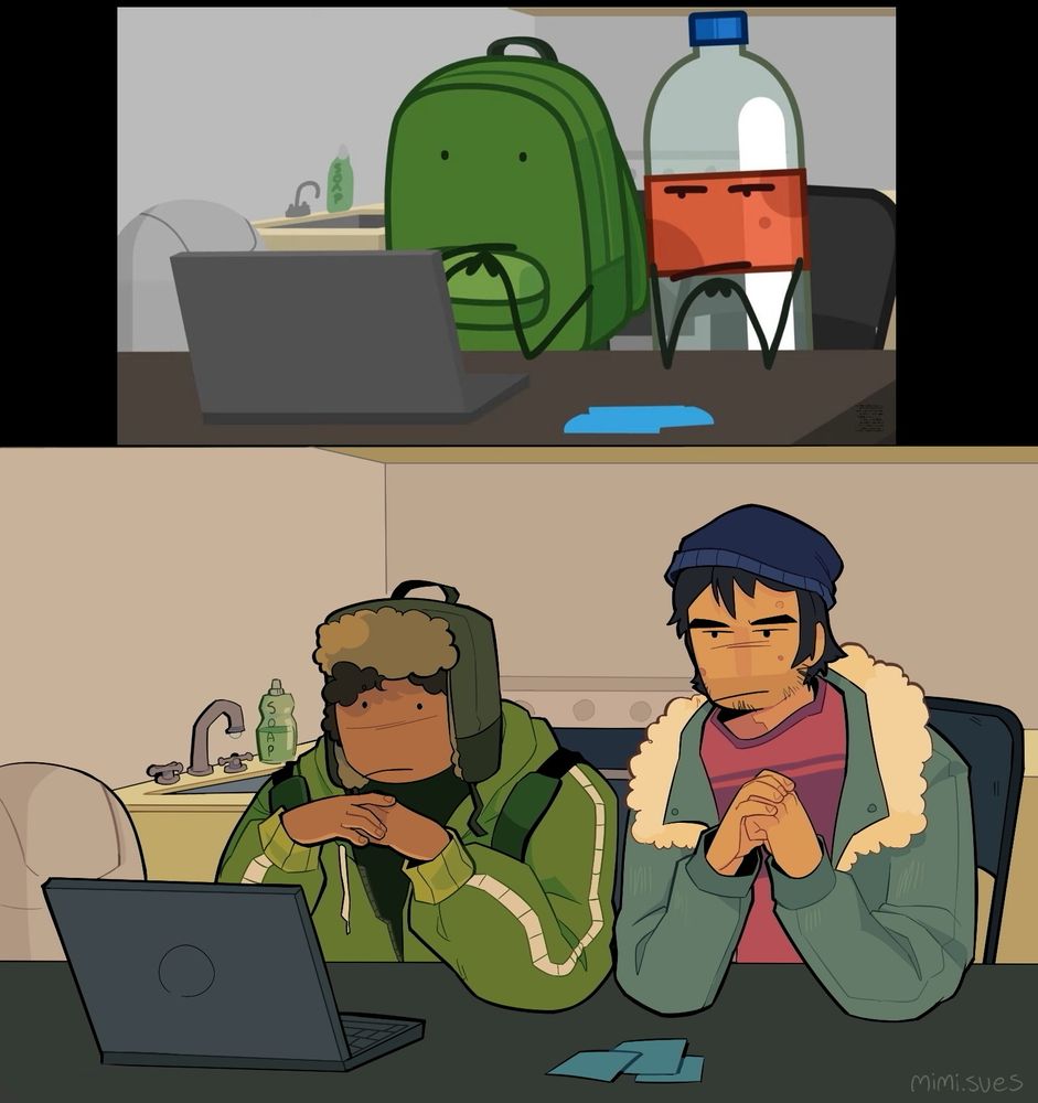 Humanized Liam and Bryce looking at a laptop 