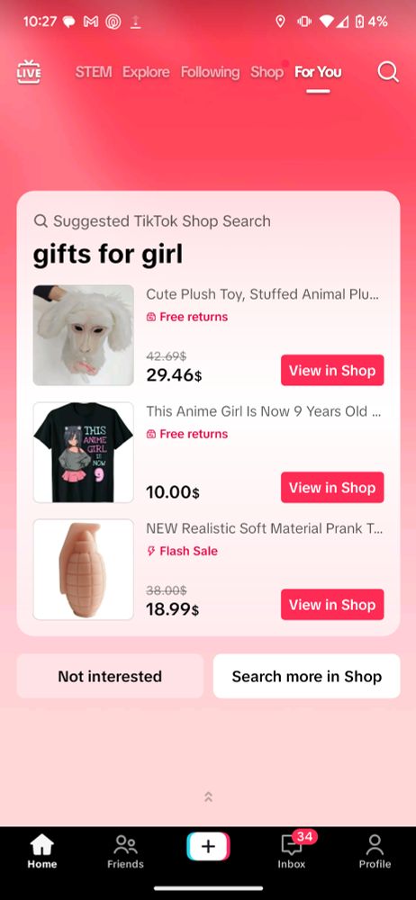 tiktok shop recommendation "gifts for girls" including "cute plush toy, stuffed animal" MONSTROSITY, "this anime girl is now 9 years old" t-shirt, and "NEW realistic soft material prank" which is apparently a skin grenade??