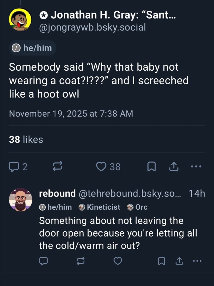 Skeet from OP, Jonathan which has 2 replies. Only one is visible. Jonathan's post reads as follows.

Somebody said “Why that baby not wearing a coat?!???" and I screeched like a hoot owl.

End skeet.

Reply from rebound, tehrebound.bsky.social, which reads as follows. 

Something about not leaving the door open because you're letting all the cold/warm air out?