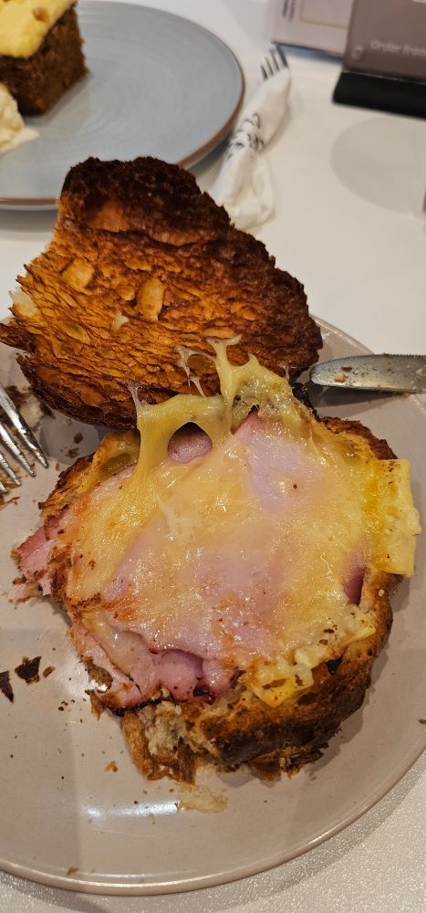Photo of a croissant with ham and cheese, sitting open on a plate. The croissant is completely burnt and dried out, no butter or anything. The cheese is congealed and parts are rock hard. The ham is dried out and parts are blackened.