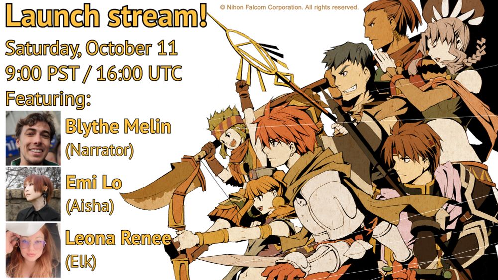 An announcement post for a launch stream for Ys vs. Trails in the Sky: Alternative Saga. "Launch stream! Saturday, October 11. 9:00 PST / 16:00 UTC. Featuring: Blythe Melin (Narrator), Emi Lo (Aisha), and Leona Renee (Elk)"