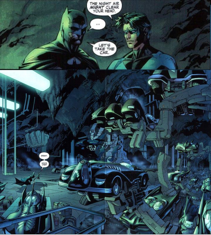 Nightwing and Batman in two panels from Batman #615 (2003) where Nightwing says "the night air might clear the head" and Batman responds "lets take the car". The second panel is a spread of all the Batmobiles in the Batcave and Nightwing says "Great, which one?"