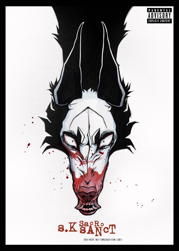 artwork of a snarling black and white canine with blood around it’s muzzle.